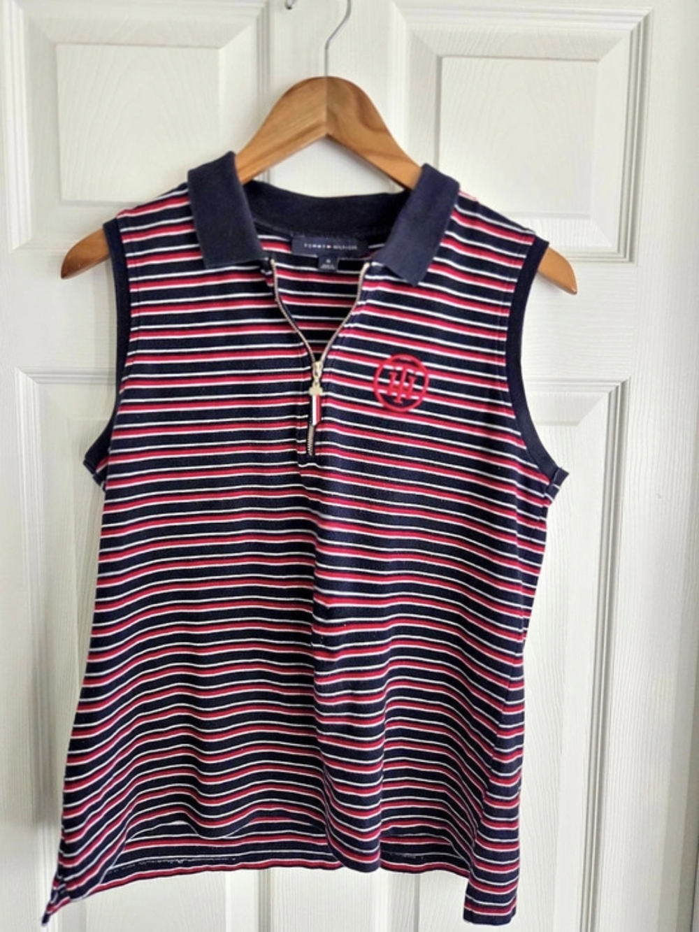 Tommy Hilfiger Women's Striped Sleeveless Quarter-Zip Polo Black & Red Medium